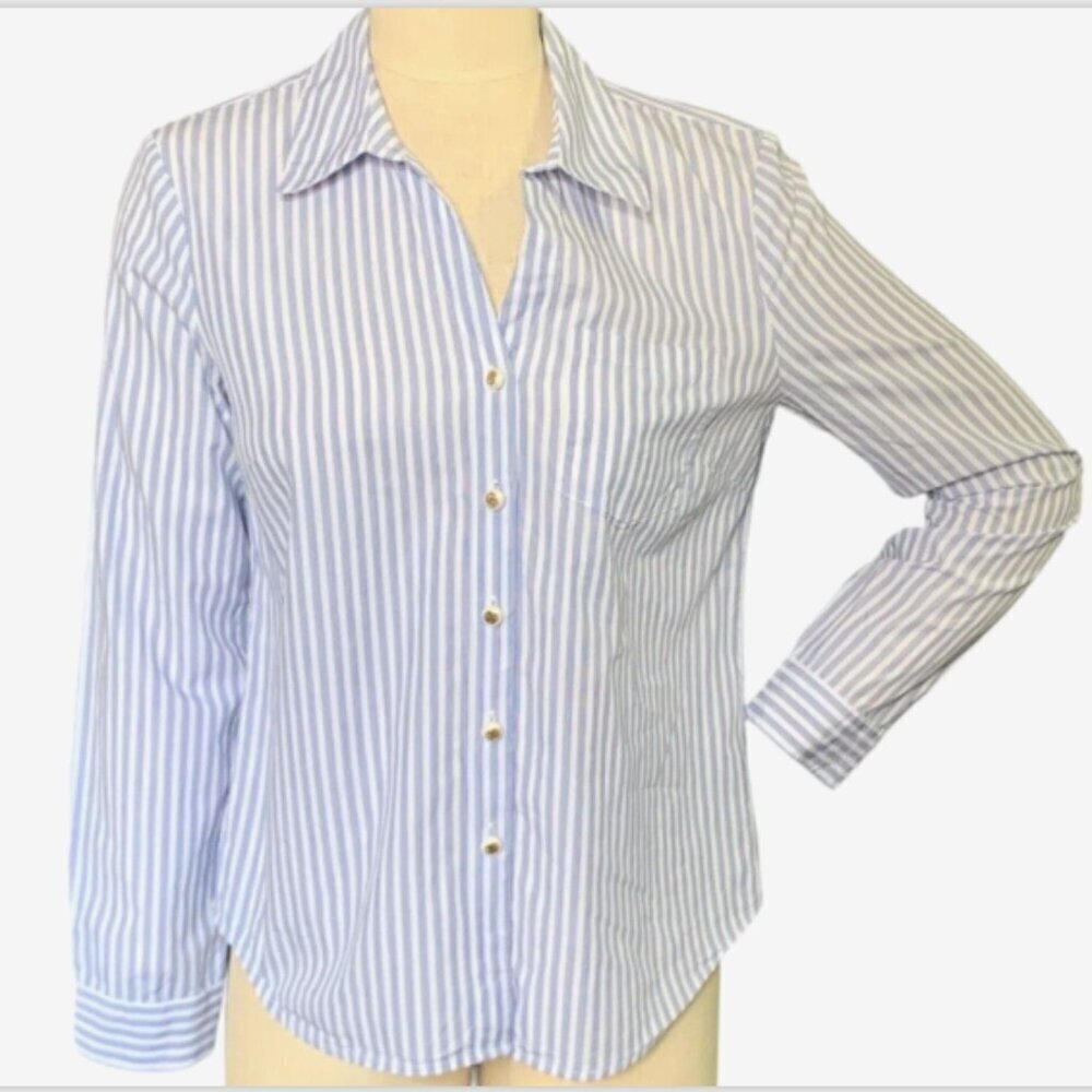 Anne Klein Striped Button Up Shirt Logo Buttons S Blue‎ # White #131L